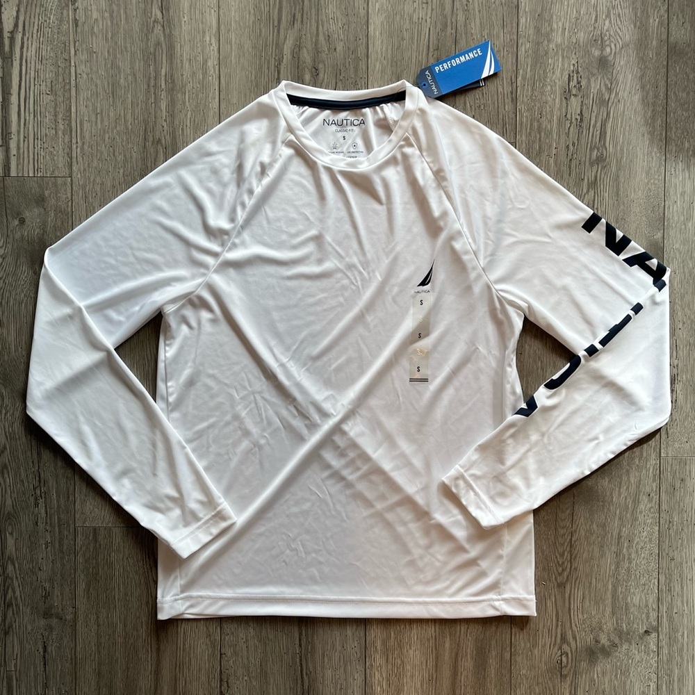 Nautica Men’s Long Sleeve Classic Fit Moisture Wicking T-Shirt UPF White Small